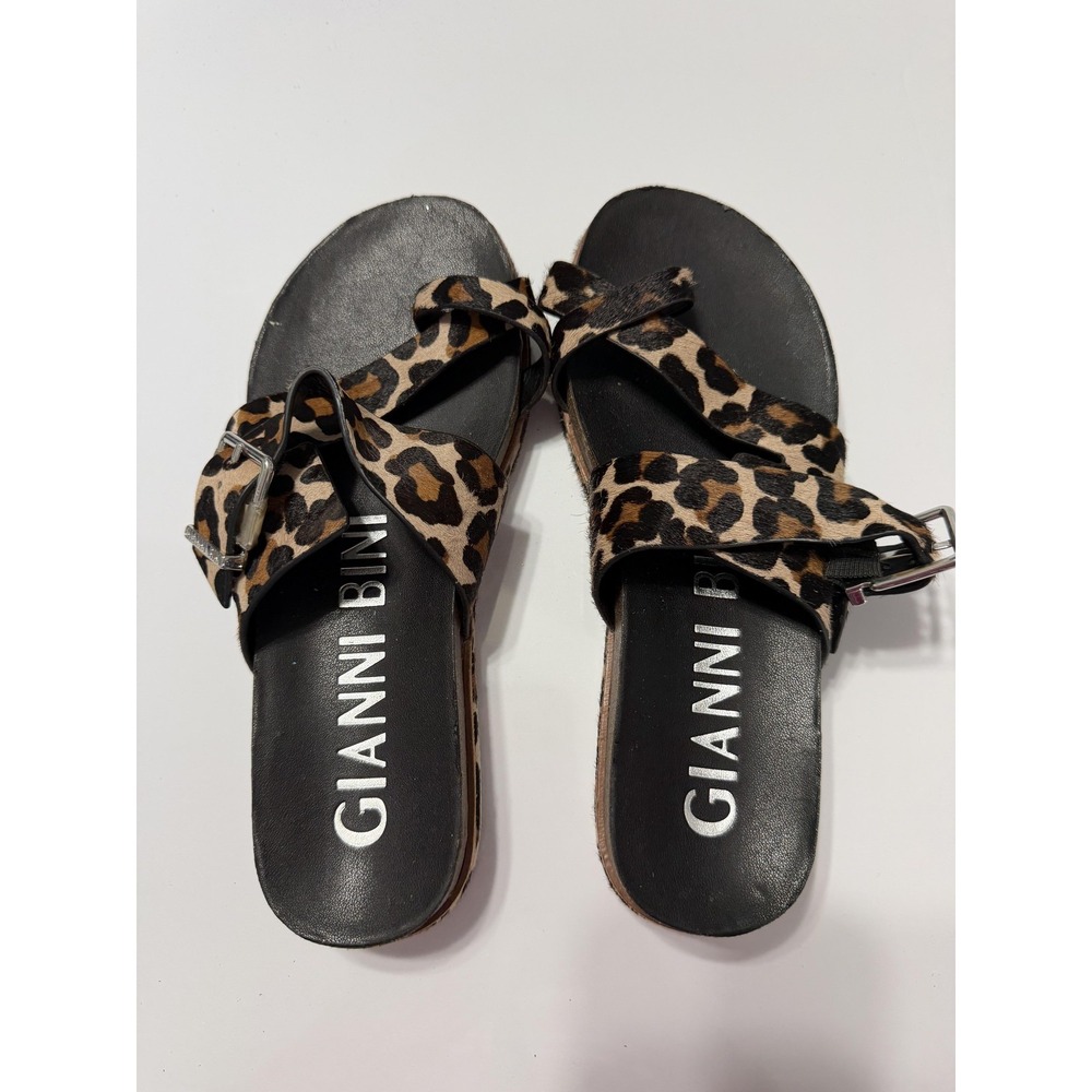 Gianni Bini Sandals Womens 7 Brown Leopard Faux Fur Strappy Buckle Flat Slides